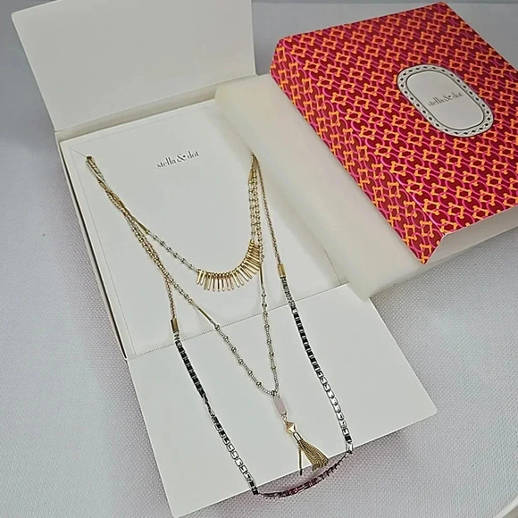 NIB - Retired Stella & Dot Riad Statement Necklace Versatile Gold Silver Rose - Picture 2 of 16